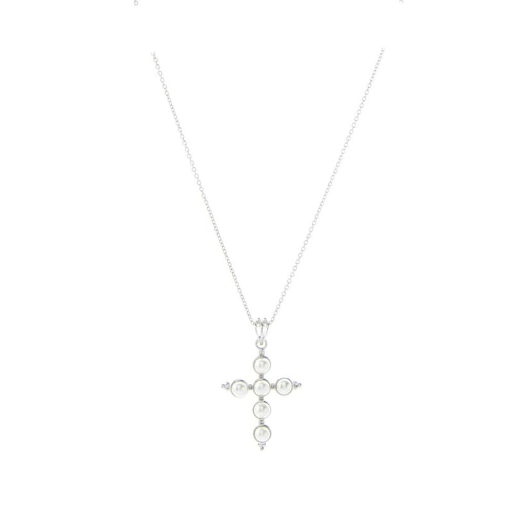 Sunflower Garden White Faux Pearl Studded Cross Pendant and 19" Necklace Set